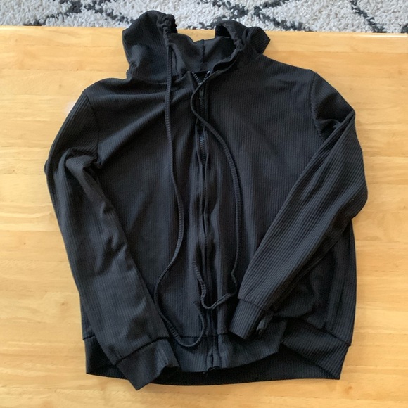 Women's Black Ribbed Zip Up Hoodie, Size L - Picture 1 of 6